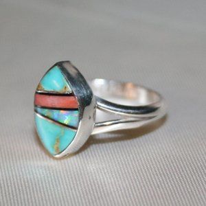 Turquoise Multi ~ Stone Inlay Sterling Ring Sz 6.5